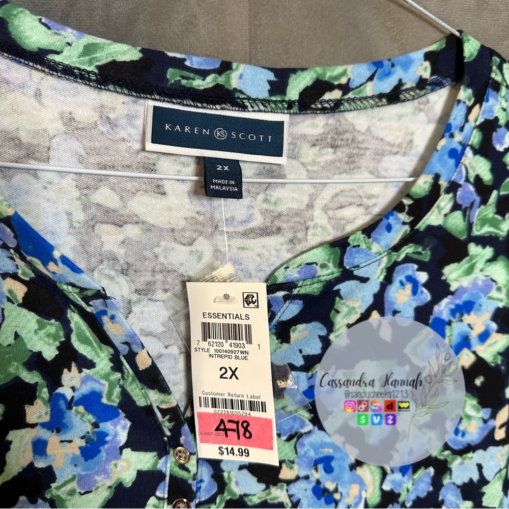 (1X:NWT) $14.99|Karen Scott Sweet Floral Henley Top, Blue - Picture 7 of 15